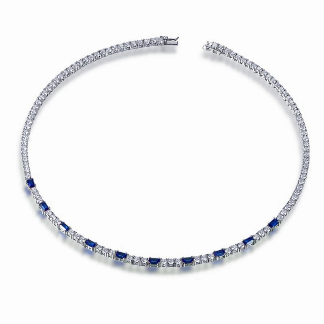 Delicate Touch Glossy Look Sterling Silver Tennis Necklace With Interspersed Ruby or Sapphire CZ Stones