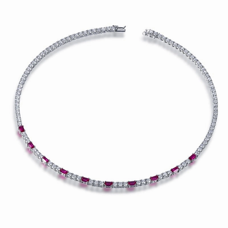 Sterling Silver Tennis Necklace With Interspersed Ruby or Sapphire CZ Stones Gorgeous Finish high contrast