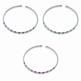 Sterling Silver Tennis Necklace With Interspersed Ruby or Sapphire CZ Stones Expressive Style