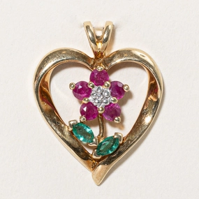 Multi Gemstone Flower & Heart Pendant | 0.50ctw, 0.01ct Handmade Shine Pieces Artisan Crafted