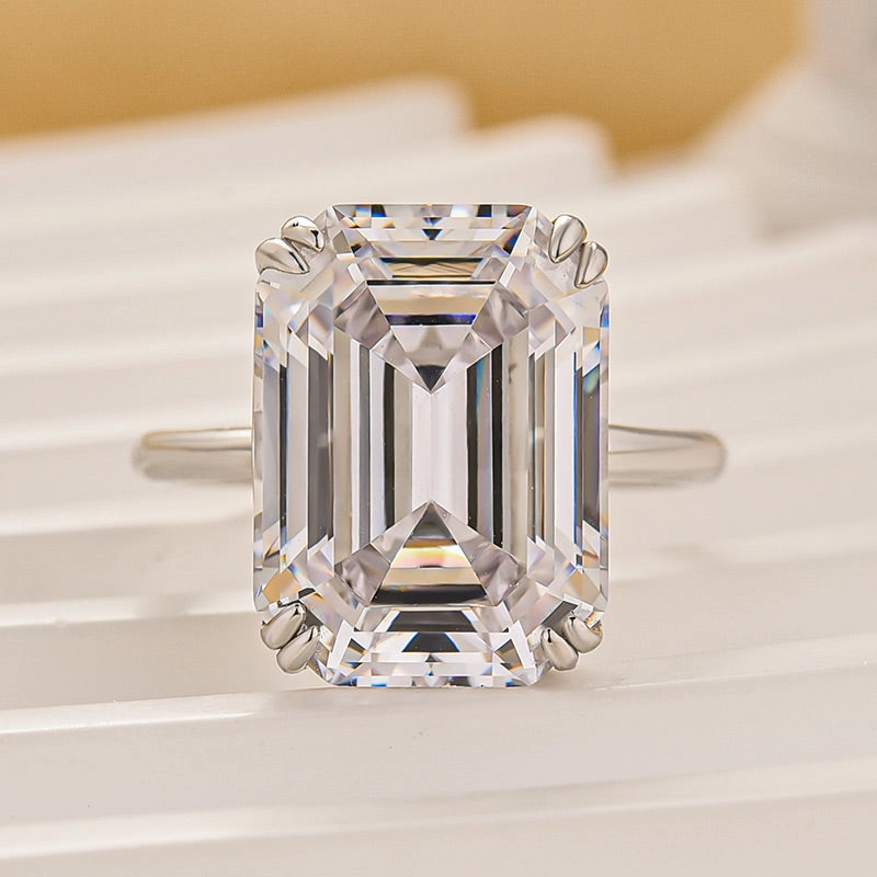 Luxurious 11.5 Carat Emerald Cut Engagement Ring In Sterling Silver Exquisite Edge Date Style