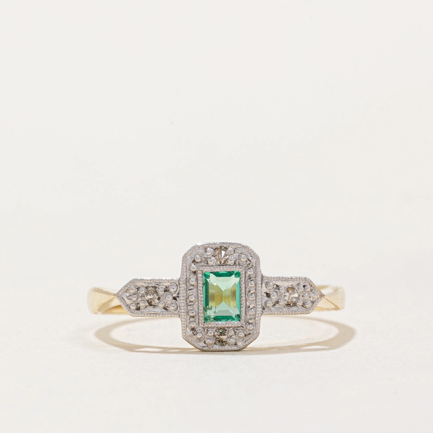 Cool Contrast Grass Green Emerald & Diamond Halo Ring | 0.08ct, 0.04ctw | SZ 4.75 |