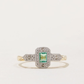 Cool Contrast Grass Green Emerald & Diamond Halo Ring | 0.08ct, 0.04ctw | SZ 4.75 |