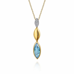 14K White & Yellow Gold Diamond and Marquise Blue Topaz Drop Necklace Special Gift