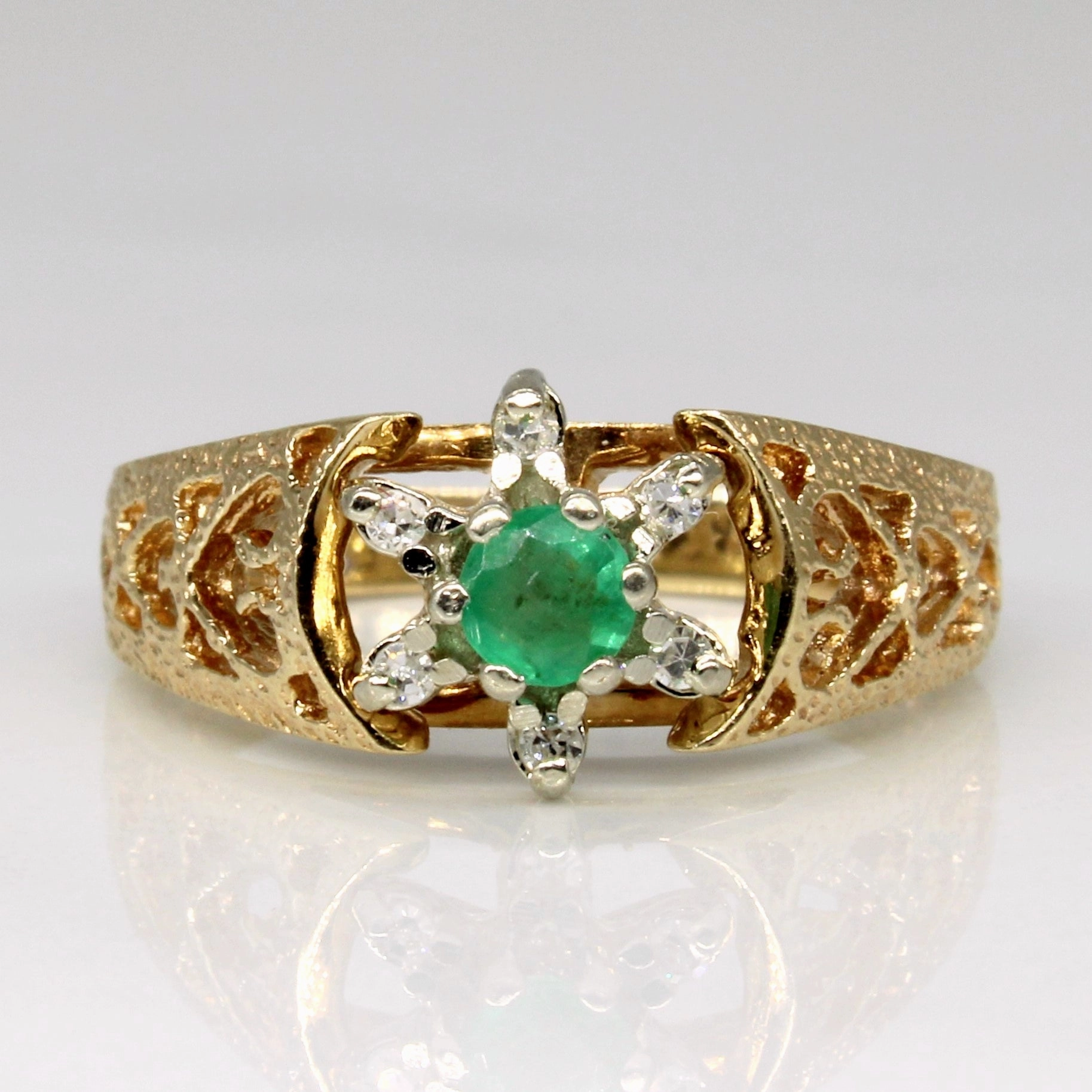Delicate Look Chic Flair Open Shank Emerald & Diamond Ring | 0.15ct, 0.06ctw | SZ 6.5 |