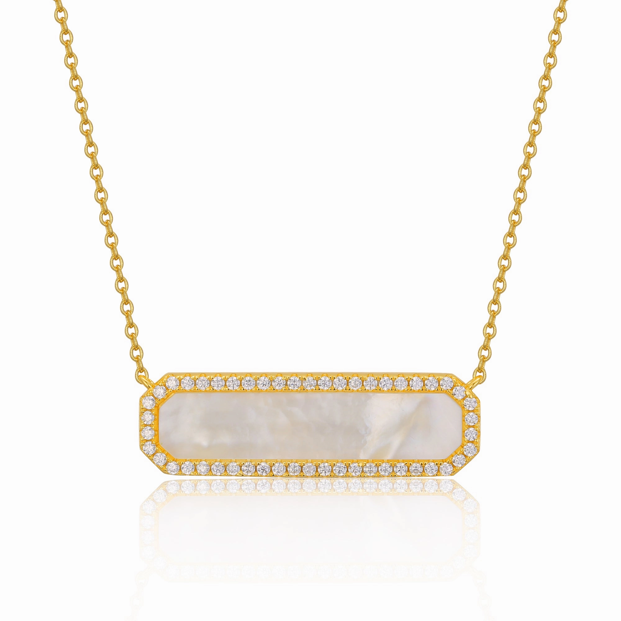 Sterling Silver CZ Border Mother of Pearl Bar Necklace Evergreen style Subtle Fit