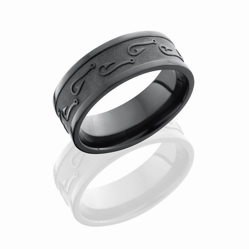 Bold Color Robust Style Fish Hook Design Wedding Band Black Zirconium 8mm Wide