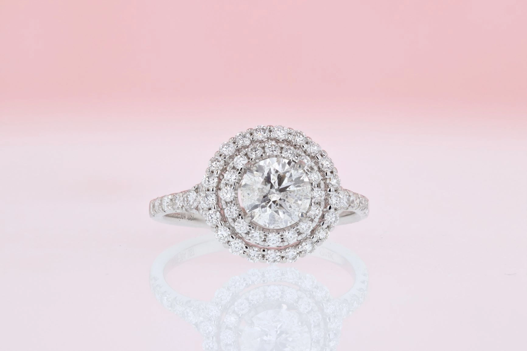 Handcrafted Statement Custom Style Double Halo Diamond Engagement Ring 14K White Gold