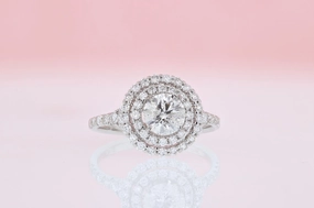 Handcrafted Statement Custom Style Double Halo Diamond Engagement Ring 14K White Gold