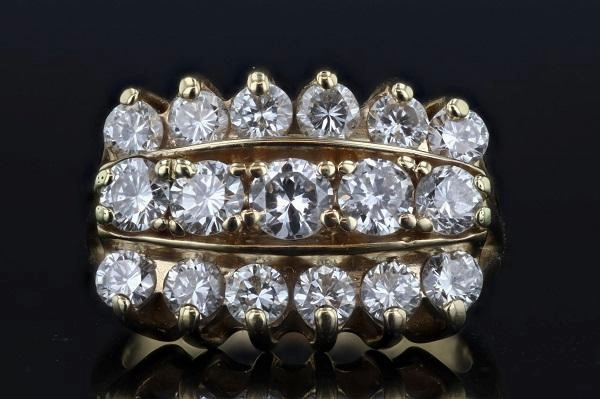 Quality Piece Estate 3 Row 2.03 Cttw Diamond Ring 14K Yellow Gold