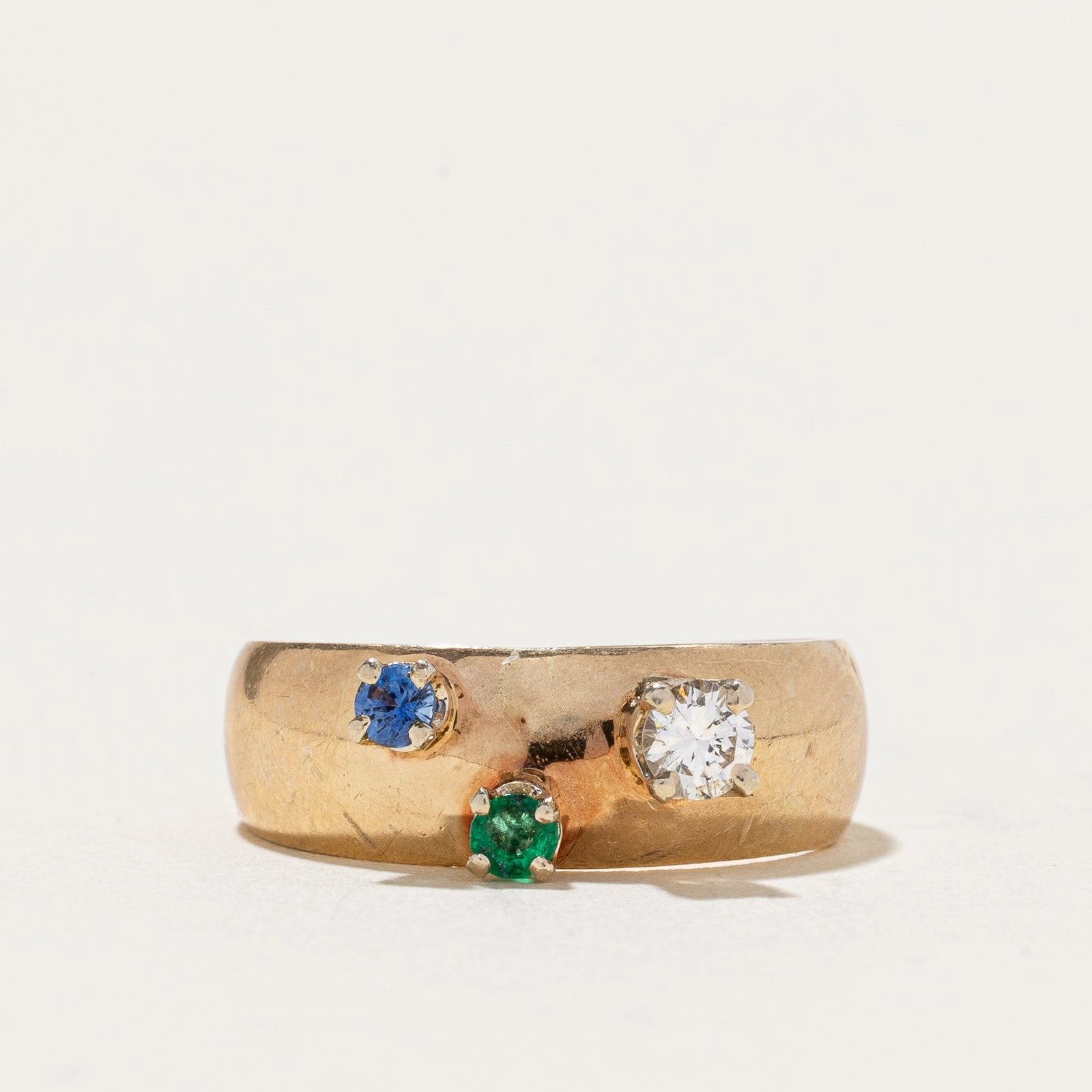 Wedding Outfit Three Stone Diamond, Sapphire & Emerald Band | 0.14ct, 0.10ctw | SZ 5.75