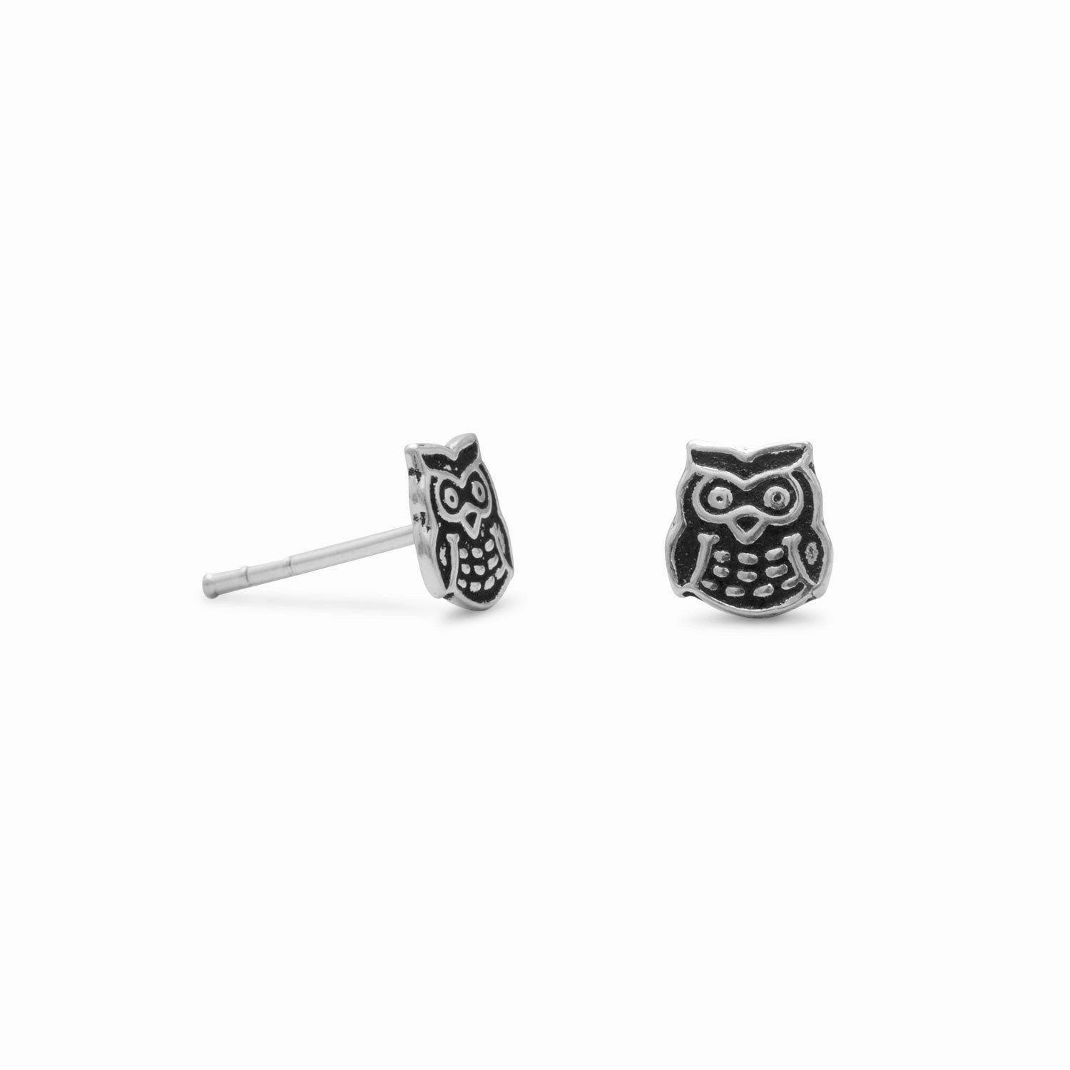 Cute Owl Earrings Post Stud 6mm Antiqued Sterling Silver Polished Elegance