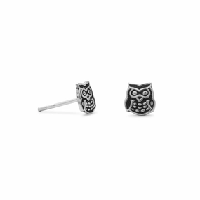 Cute Owl Earrings Post Stud 6mm Antiqued Sterling Silver Polished Elegance