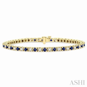 Gender Neutral 2.5 MM Sapphire and 1 1/2 Ctw Round Cut Diamond Square Box Link Precious Tennis Bracelet in 14K Yellow Gold