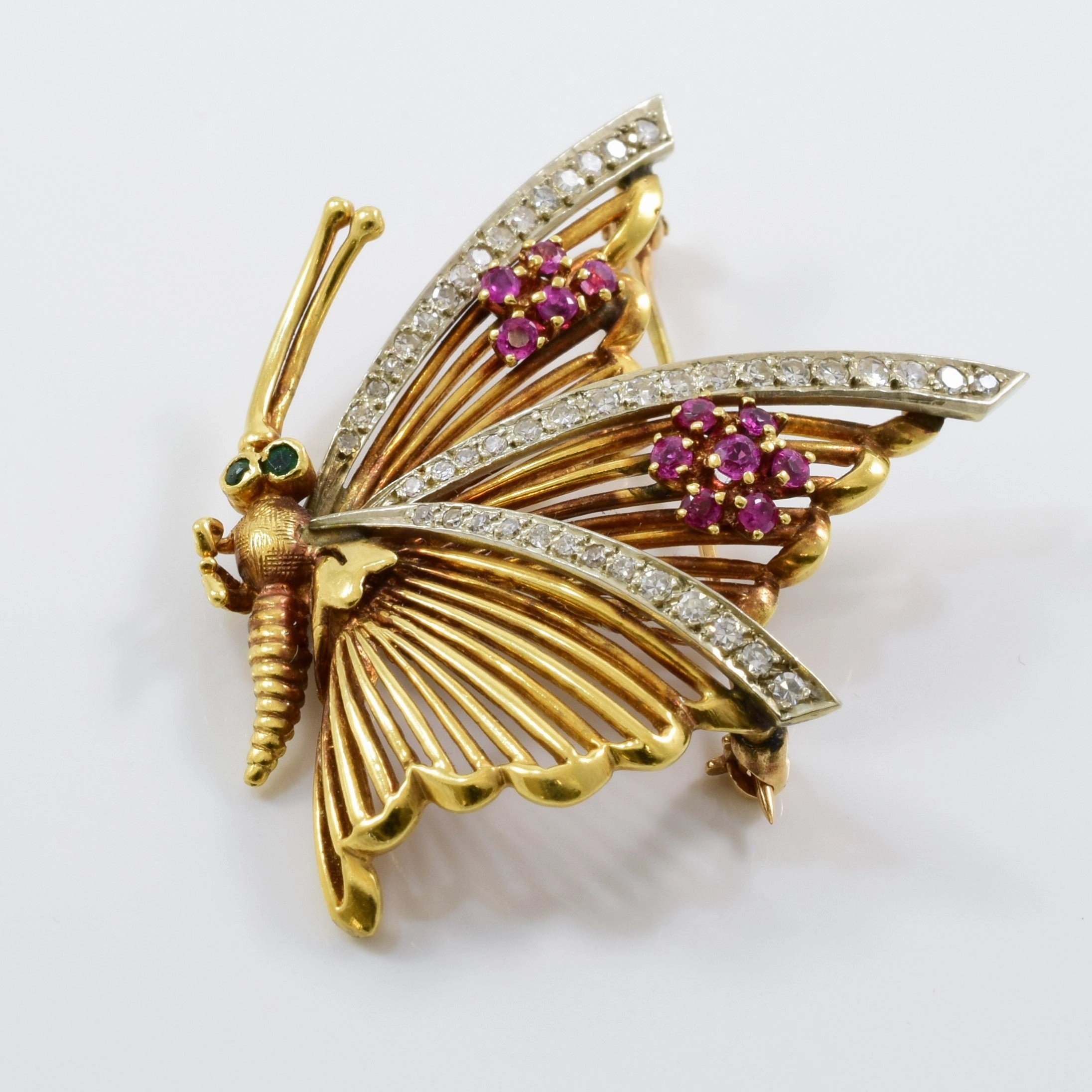 Custom Jewelry Design Metallic Touch Diamond, Ruby and Emerald Butterfly 18k Brooch | 0.45 ctw, 0.25ctw, 0.03ctw |