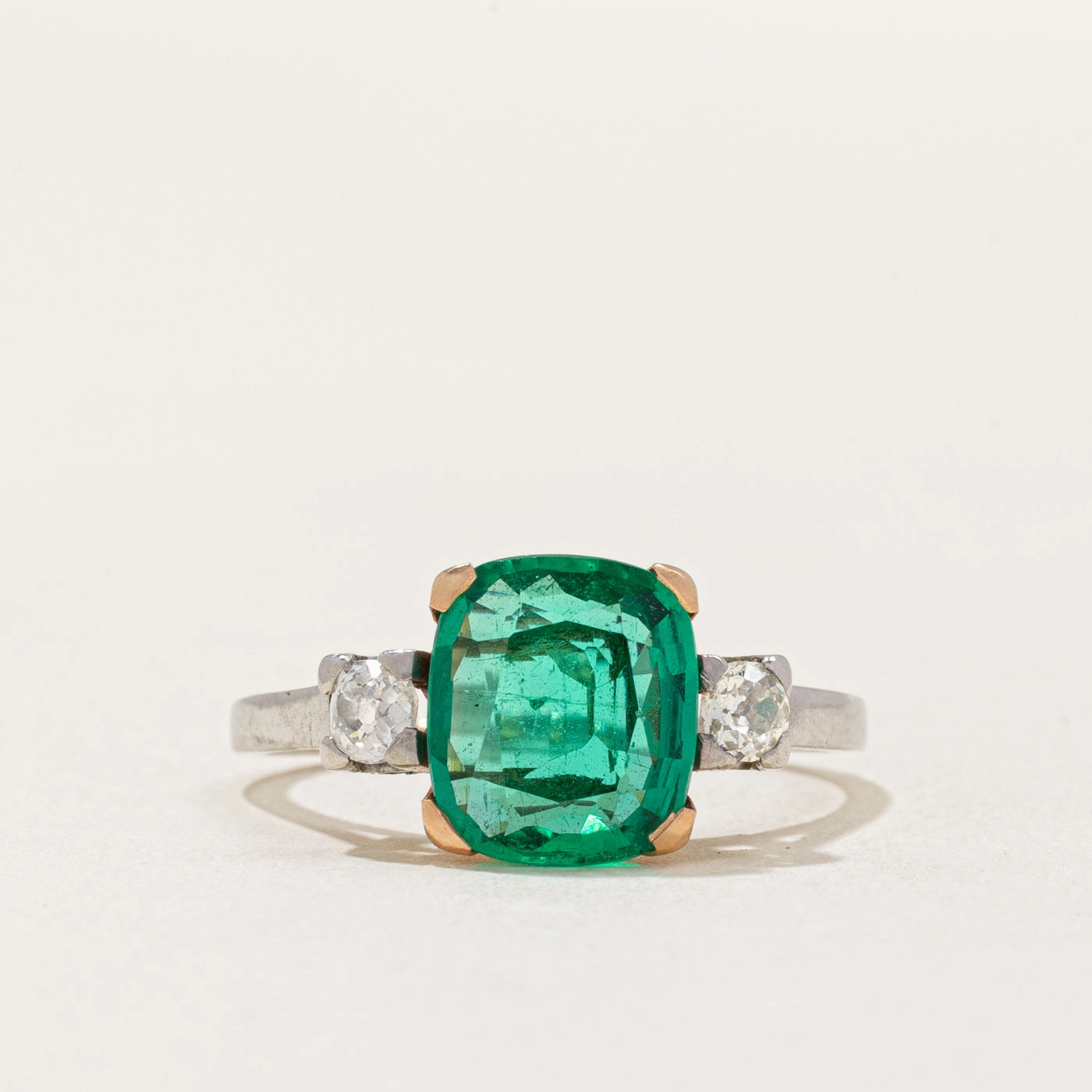 Vintage Natural Emerald & Old European-Cut Diamond Ring | 2.15ct, 0.24ctw | SZ 7.5 | Designer Craft