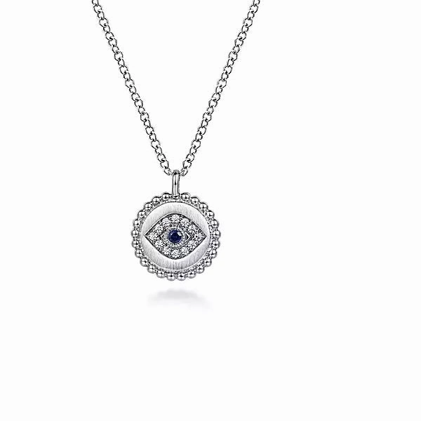 Sterling Silver Bujukan Medallion Pendant with .04cttw Diamond & .02cttw Sapphire Evil Eye Center Sleek Design