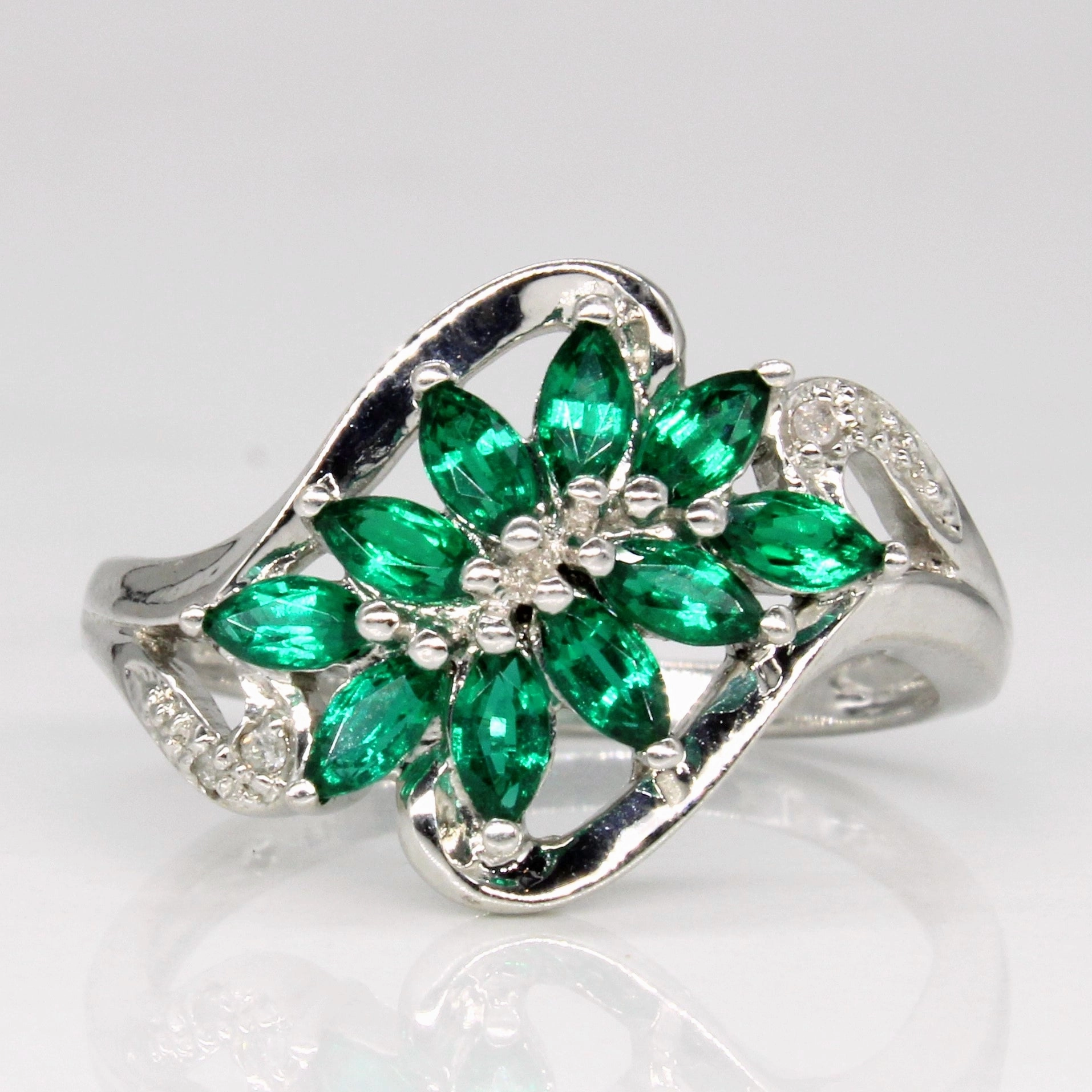 Synthetic Emerald & Diamond Cocktail Ring | 0.30ctw, 0.02ctw | SZ 7.25 | Iconic Accent Fashion Jewelry Look