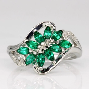 Synthetic Emerald & Diamond Cocktail Ring | 0.30ctw, 0.02ctw | SZ 7.25 | Iconic Accent Fashion Jewelry Look