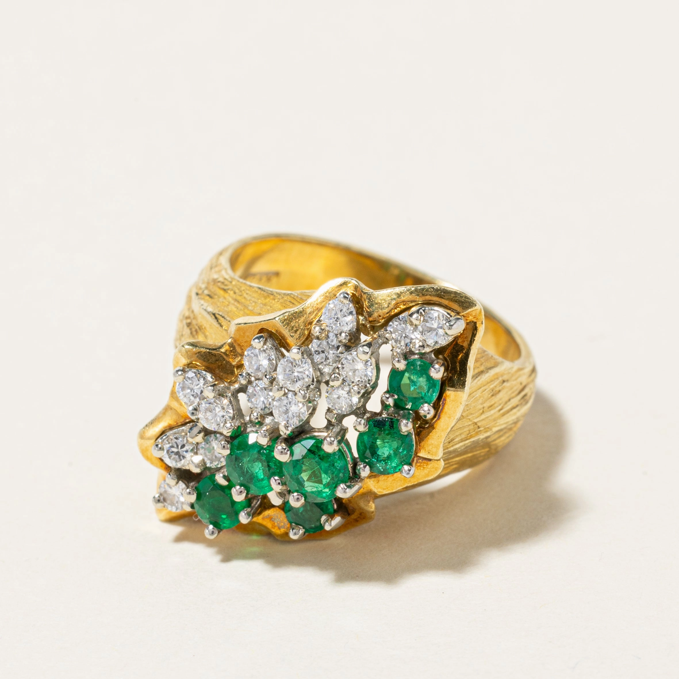 Soft Detail 18K Yellow and White Gold Emerald & Diamond Waterfall Ring | 0.50ctw, 0.45ctw | SZ 7.25