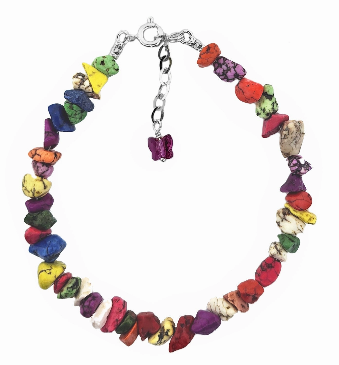 Distinct Accent Rainbow Magnesite Gem Chip Bracelet Sterling Silver Handmade