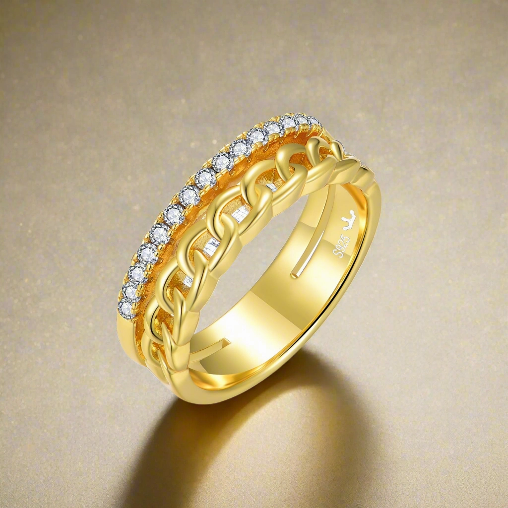 Sterling Silver Gold Plated Double Row Cuban Chain and CZ Ring Weekend Outfit