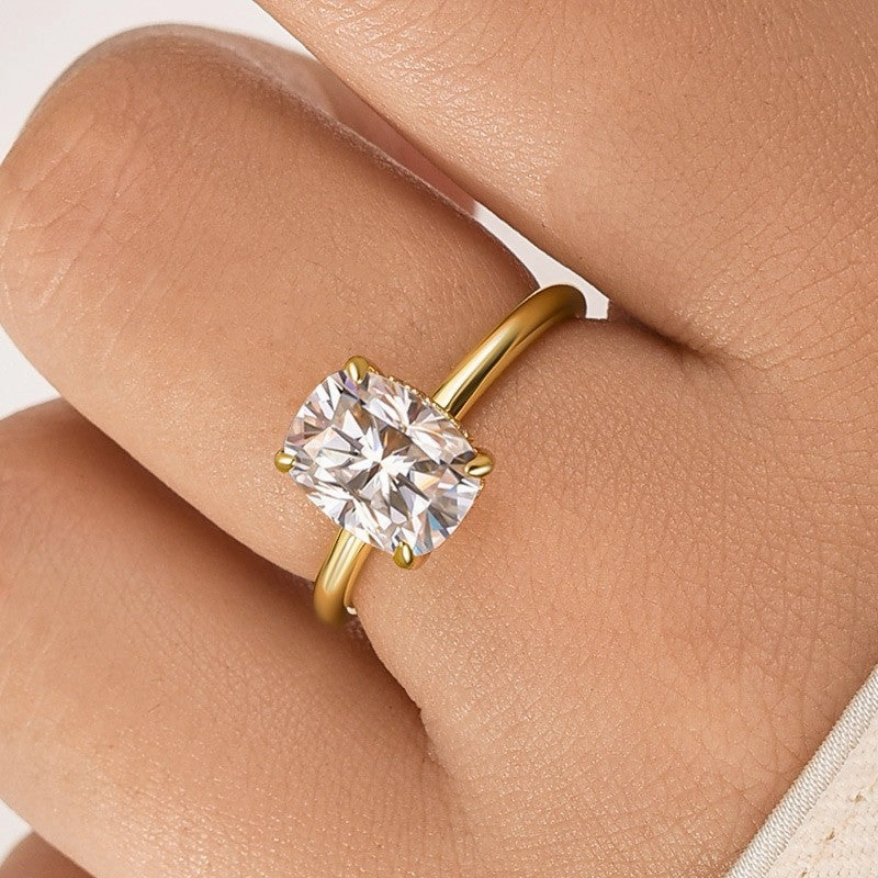 Timeless Finish Moissanite 2.5 Ct Cushion Cut Solitaire Yellow Gold Promise Ring For Women