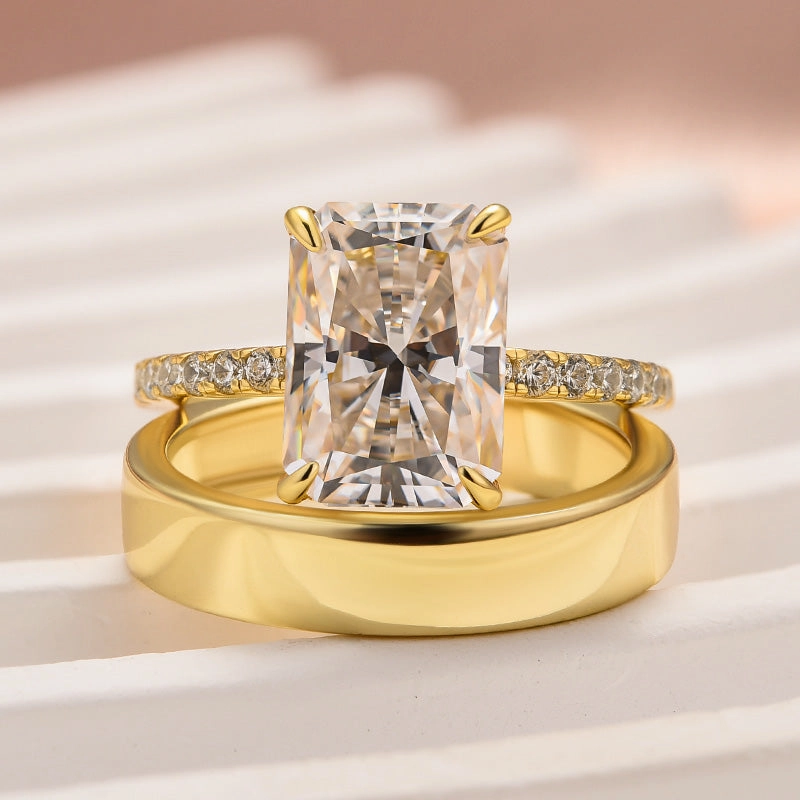 Glam Finish Modern Layer Moissanite 3.5 Ct Radiant Cut Yellow Gold Wedding Ring Set with Wide Wedding Band