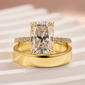 Moissanite 3.5 Ct Radiant Cut Yellow Gold Wedding Ring Set with Wide Wedding Band Expressive Accent