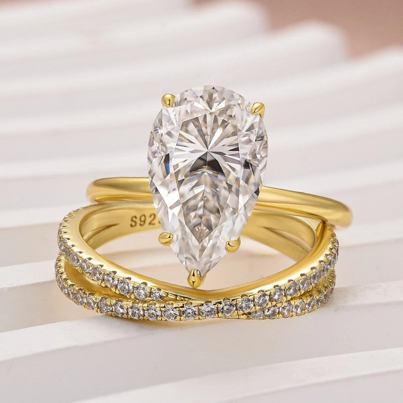 Warm Accent Moissanite 4.0 Ct Pear Cut Yellow Gold Wedding Ring With X Criss Cross Wedding Band
