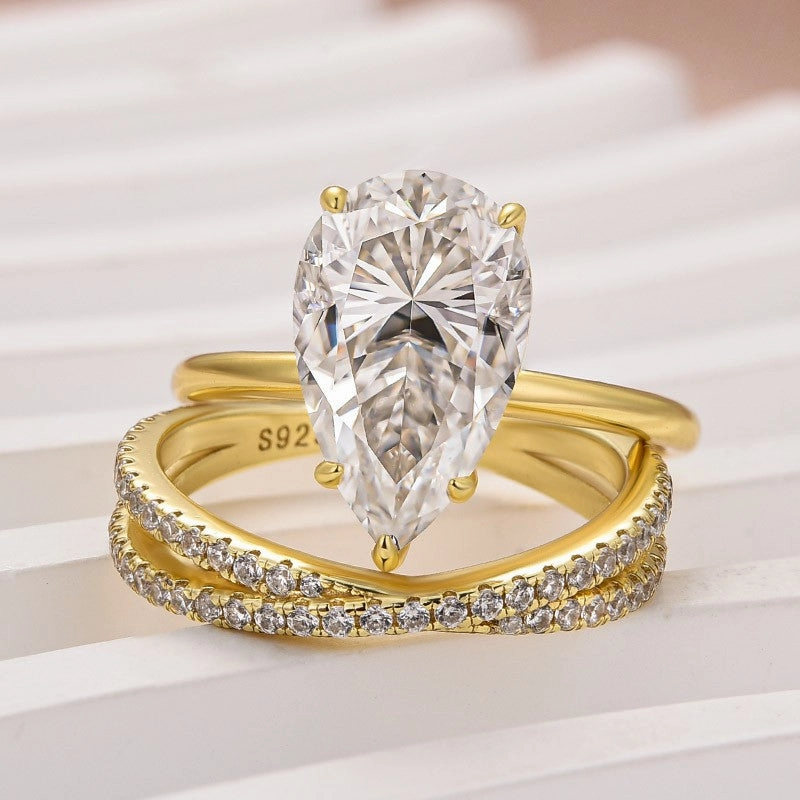 Moissanite 4.0 Ct Pear Cut Yellow Gold Wedding Ring With X Criss Cross Wedding Band Lustrous Look
