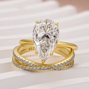 Warm Accent Moissanite 4.0 Ct Pear Cut Yellow Gold Wedding Ring With X Criss Cross Wedding Band
