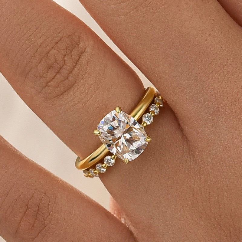 Quiet Luxury Moissanite 4.0 Ct Solitaire Cushion Cut Yellow Gold Wedding Set