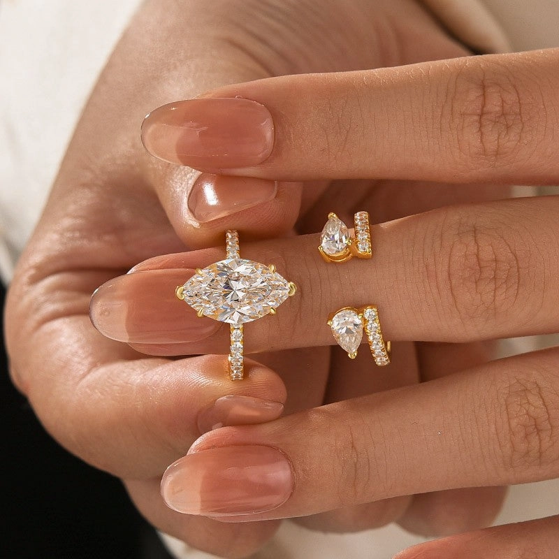 Moissanite 4.0Ct Marquise Cut Yellow Gold Wedding Ring with Pear Cut Wedding Band Trendy Pieces