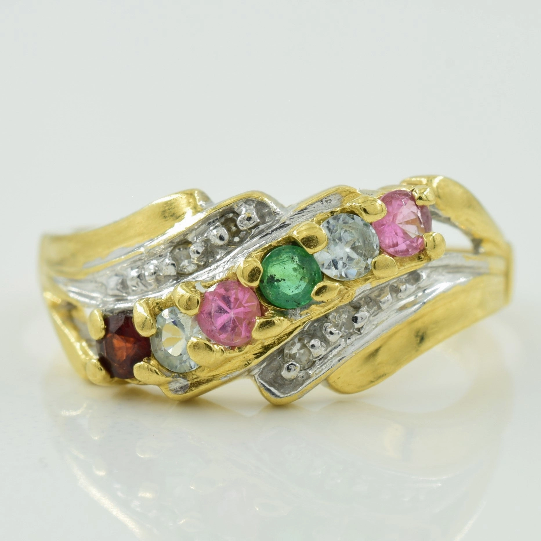 Flat Shot Multi Gem & Diamond Bypass Ring | 0.36ctw, 0.02ctw | SZ 5 |
