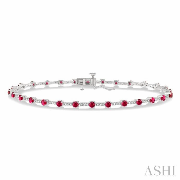 2.5 MM Round Cut Ruby and 1/2 Ctw Round Cut Diamond Precious Bracelet in 10K White Gold Textured Surfaces