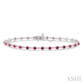 2.5 MM Round Cut Ruby and 1/2 Ctw Round Cut Diamond Precious Bracelet in 10K White Gold Textured Surfaces