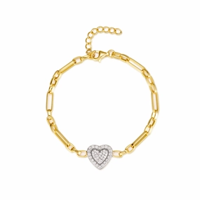 Premium Feel Holiday Glow Gold-plated Sterling Silver Link Chain With Center CZ Heart Bracelet