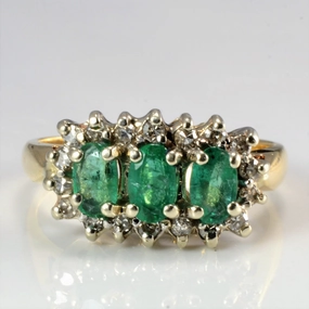Three Stone Emerald & Diamond Cocktail Ring | 0.18 ctw, SZ 6.25 | Handcrafted Style