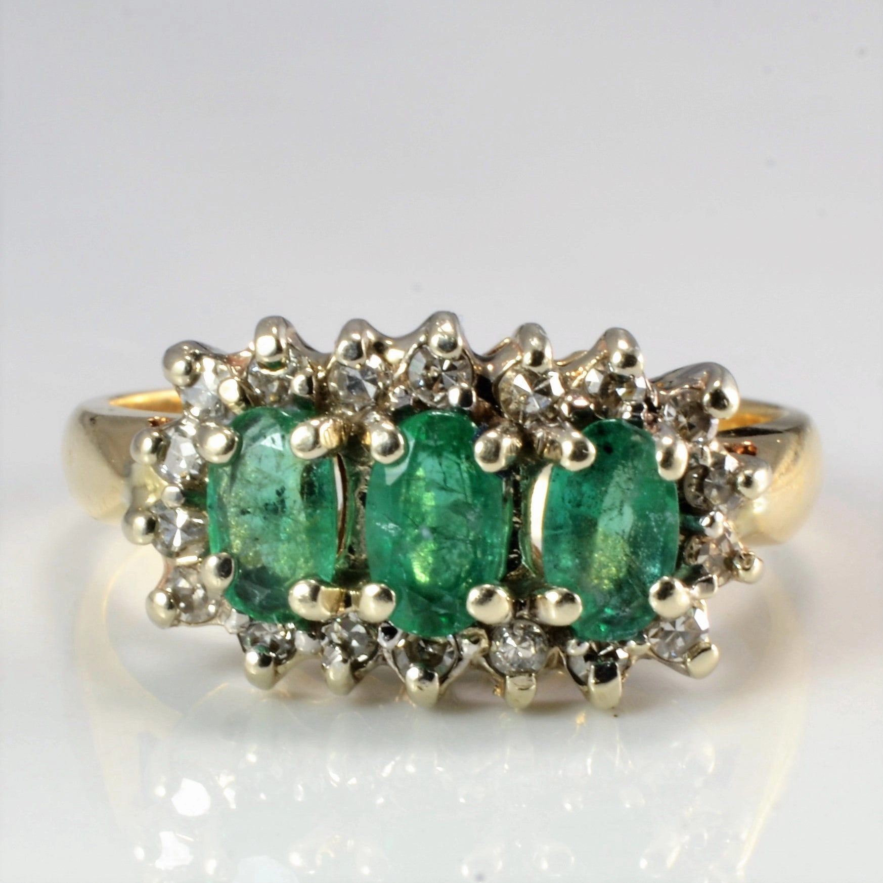 Three Stone Emerald & Diamond Cocktail Ring | 0.18 ctw, SZ 6.25 | Handcrafted Style