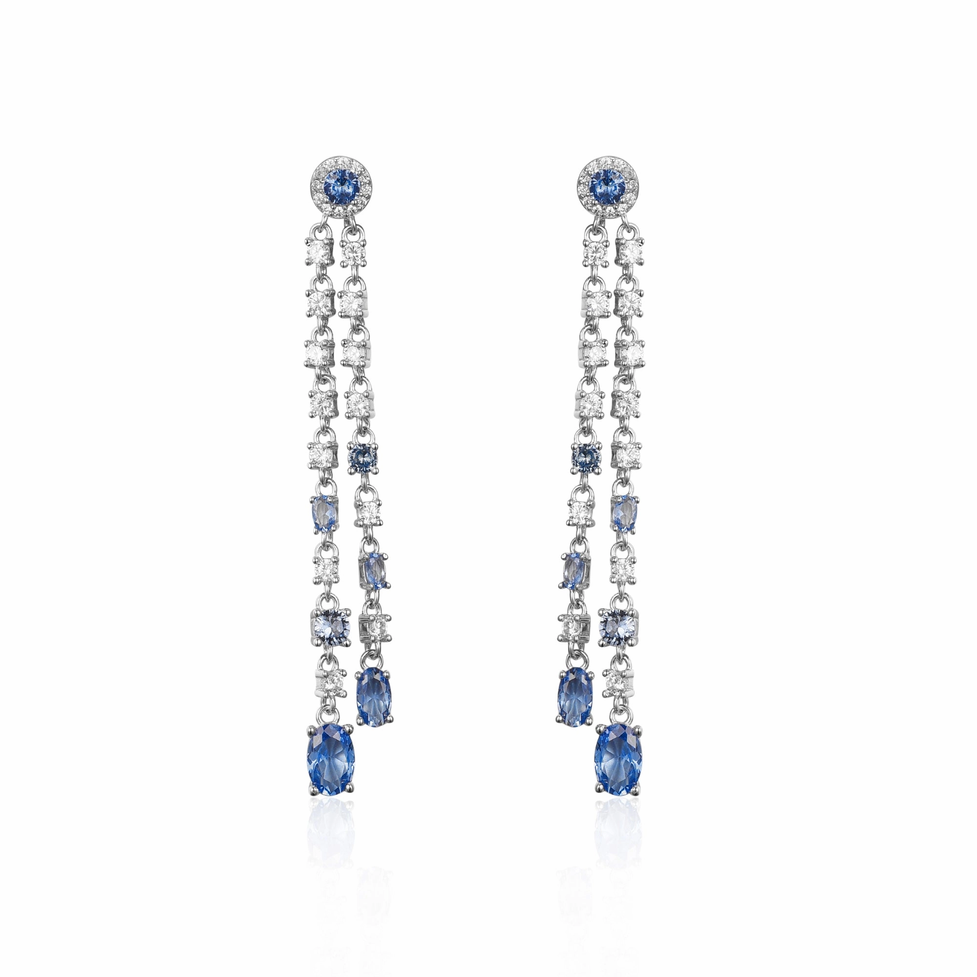 Sterling Silver Double Strand Light Blue and Clear CZ Earrings Chic Fusion