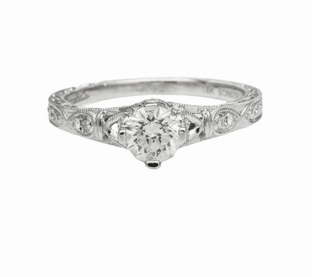 Party Present Bold Token 18 Karat White Gold Engraved Antique Engagement Ring (.71ctw)