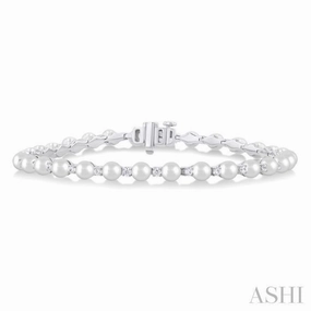 International Presence Indispensable Find 4 MM Round Shape Cultured Pearl and 3/4 Ctw Round Cut Diamond Tennis Bracelet in 14K White Gold
