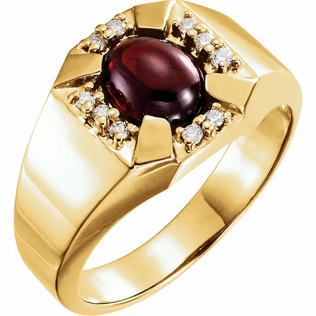 Wedding Outfit 14K Yellow 9x7 mm Cabochon Garnet and Diamond Accented Men's Ring