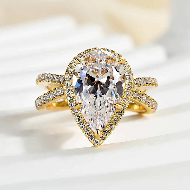 Louily  Split Shank Pear Cut Engagement Ring In Sterling Silver Glamorous Accent