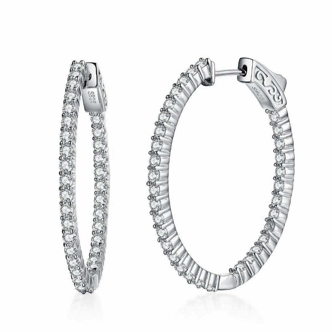 Rhodium Plated Sterling Silver Oval Shaped CZ Hoop Earrings Handcrafted Touch