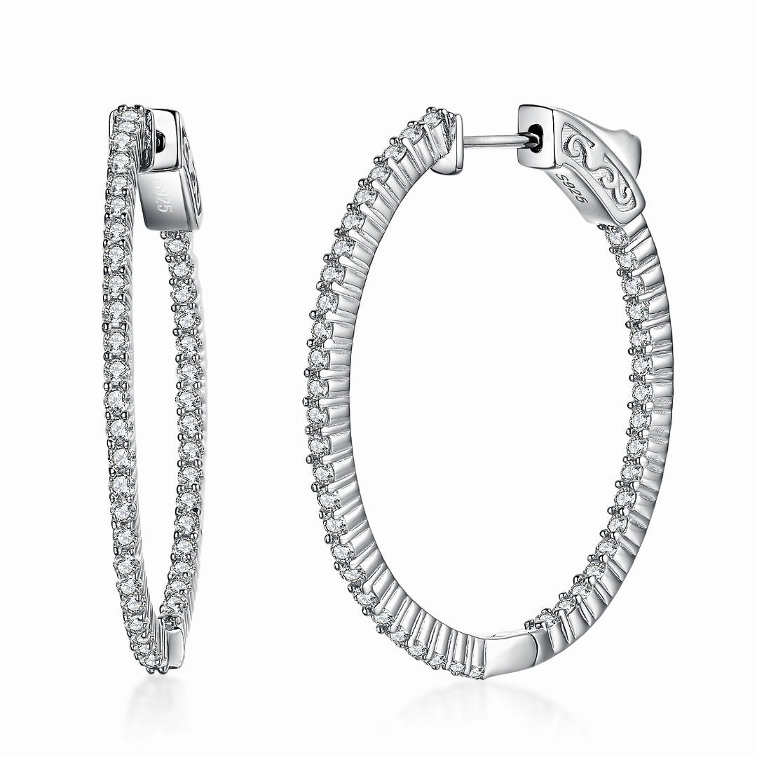 Modern Attire Fashion Collection Rhodium Plated Sterling Silver Oval Shaped CZ Hoop Earrings