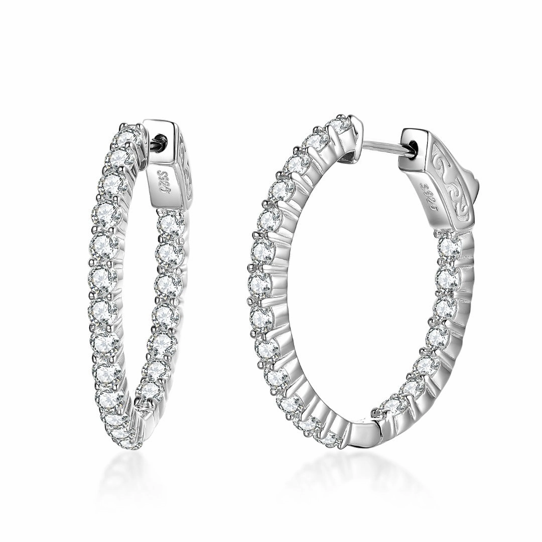 Rhodium Plated Sterling Silver Oval Shaped CZ Hoop Earrings Linear Form Glamour Accessory