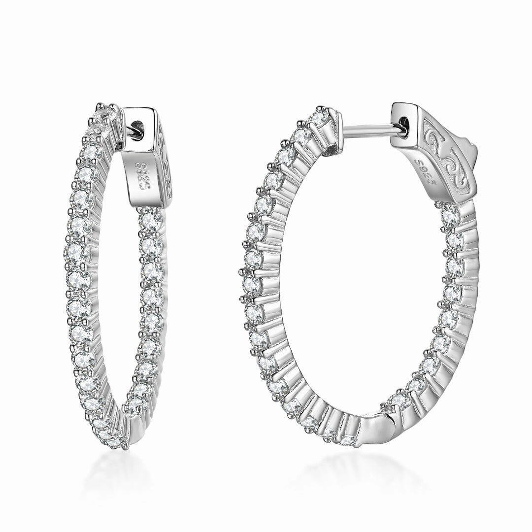 Rhodium Plated Sterling Silver Oval Shaped CZ Hoop Earrings Bold Texture