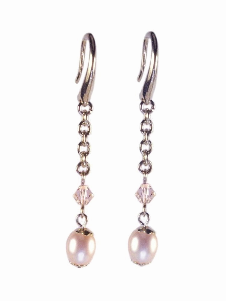 Peach Cultured Freshwater Pearl Earrings Crystal Gold-plated Delicate Form